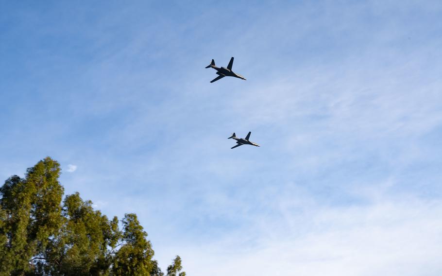 Two B-1B Lancers assigned to the 7th Bomb Wing at Dyess Air Force Base, Texas, fly over the 134th Tournament of Roses Parade in Pasadena, Calif., Jan. 2, 2023. 