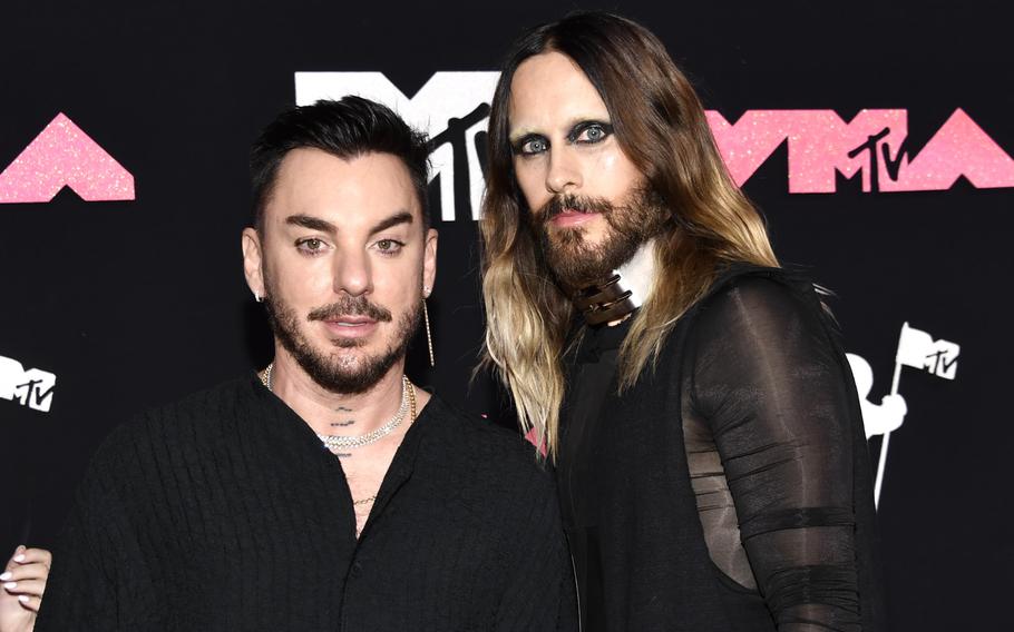 Shannon Leto, left, and Jared Leto of Thirty Seconds to Mars arrive at the MTV Video Music Awards on Sept. 12 at the Prudential Center in Newark, N.J. The two started work on their new album during the pandemic while in different places: Jared was in Nevada and California for lockdown and his brother was in Seattle. 