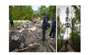 At left: People look at fragments of the television tower which was broken in half after it was hit by a Russian missile in Kharkiv, Ukraine, on Monday, April 22, 2024. At right: A view of the television tower, broken in half after it was hit by a Russian missile.