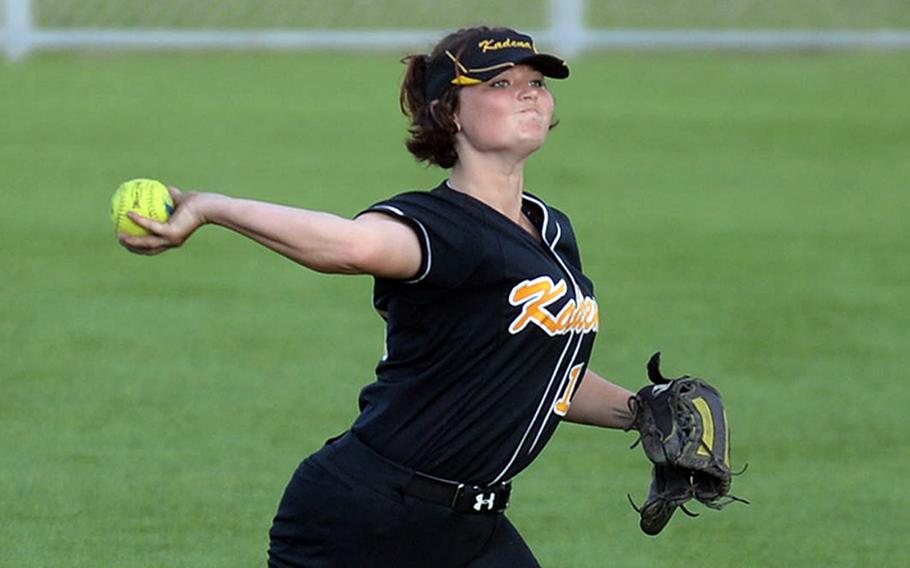 Kadena outfielder Kayla Jennings fires the ball back to the infield against Kubasaki during Tuesday's DODEA-Okinawa softball game. The Panthers scored 13 times in the first inning and beat the Dragons 17-2 in three innings.