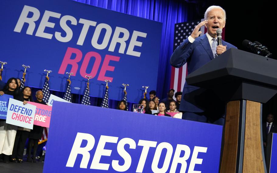 President Joe Biden speaks about abortion access during a Democratic National Committee event Oct. 18, 2022, in Washington. 