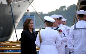 Vice President Kamala Harris chats with sailors aboard the destroyer USS Howard at Yokosuka Naval Base, Japan, Wednesday, Sept. 28, 2022. 