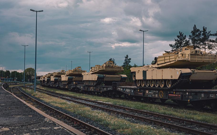 M1A1 Abrams tanks needed for training the armed forces of Ukraine arrive by rail at Grafenwoehr, Germany, May 14, 2023. 