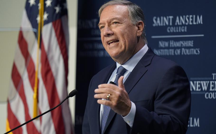 Former Secretary of State Mike Pompeo addresses an audience at a periodic “Politics and Eggs” gathering at Saint Anselm College, in Manchester, N.H., Sept. 20, 2022. The Biden administration has determined that Iranian threats against Pompeo and one of his former top aides remain credible and persist.