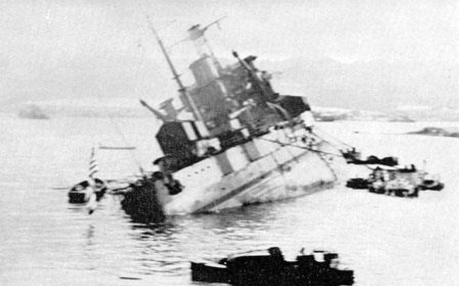 The USS Utah moments before rolling over on port side on Dec. 7, 1941.