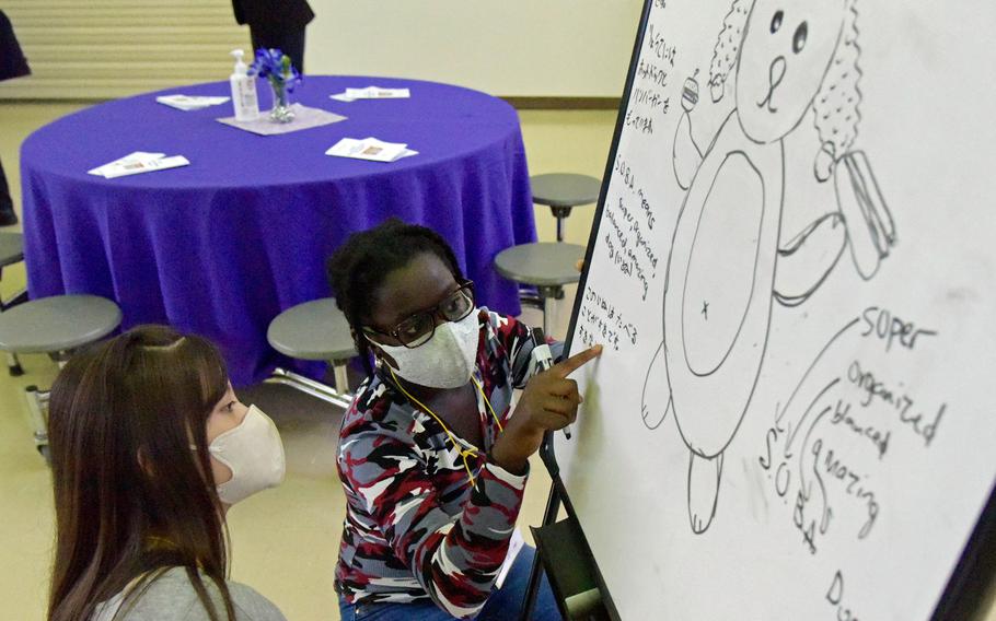 Students create a mascot representing the friendship between the United States and Japan at Lester Middle School, Okinawa, Oct. 2, 2022. 
