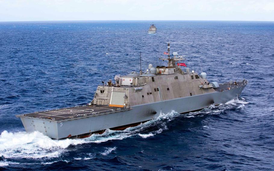 The littoral combat ship USS Milwaukee steams through the Atlantic Ocean on Dec. 16, 2021. The Milwaukee and Coast Guard personnel onboard seized $22 million worth of suspected cocaine in the Caribbean Sea on Jan. 7, 2022.