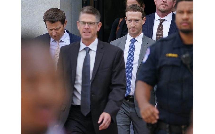 Mark Zuckerberg, CEO of Meta, leaves the “AI Insight Forum” at the Russell Senate Office Building on Capitol Hill on Sept. 13, 2023, in Washington, DC. Lawmakers are seeking input from business leaders in the artificial intelligence sector, and some of their most ardent opponents, for writing legislation governing the rapidly evolving technology. 