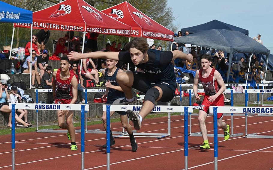 Cade Blackwell, a junior at Lakenheath, competes in the 110 meter hurdles during the Ansbach Invitational track meet at Ansbach Middle High School, Germany, on Saturday, April 6, 2024.