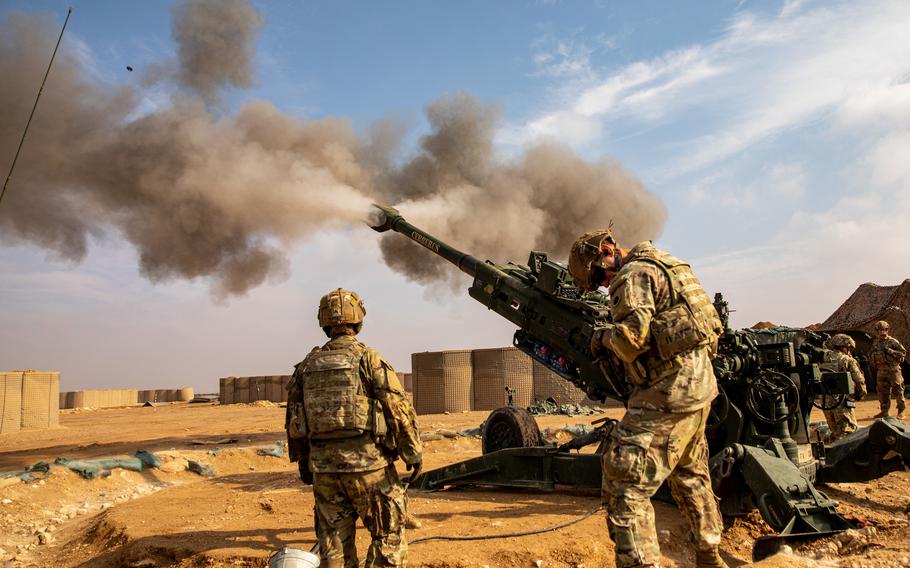 U.S. Army soldiers supporting Combined Joint Task Force-Operation Inherent Resolve, fire an M777 Howitzer during an operational rehearsal exercise at Mission Support Site Conoco, Syria, Dec. 4, 2022. 