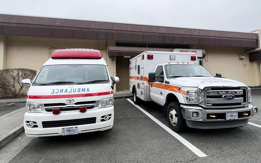 A pair of ambulances outside of Yokota Air Base’s urgent care.