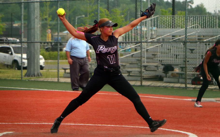 Perry right-hander Leah Hamner delivers against Yokota.