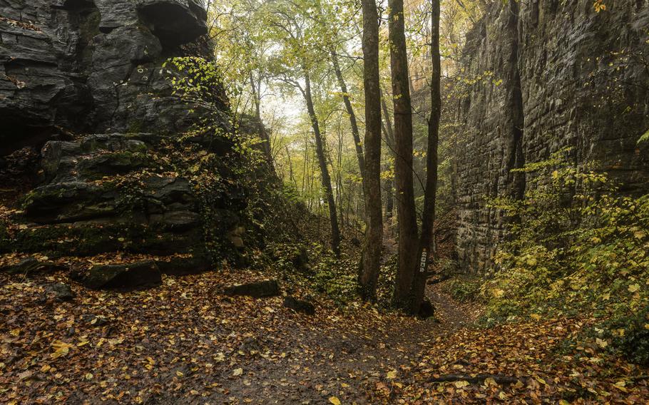 Fall foliage surrounds the sandstone formations of the Gorge du Loup in Echternach, Luxembourg, on Nov. 4, 2023. The natural wonder is right on the doorstep of Echternach, which was founded in 698 and is Luxembourg's oldest town.