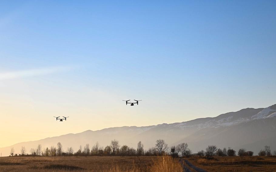 MV-22 Ospreys assigned to Marine Medium Tiltrotor Squadron 365 fly back to Aviano Air Base, Italy, on Dec. 7, 2021. The squadron was recently assigned to Naval Air Station Sigonella in Sicily.