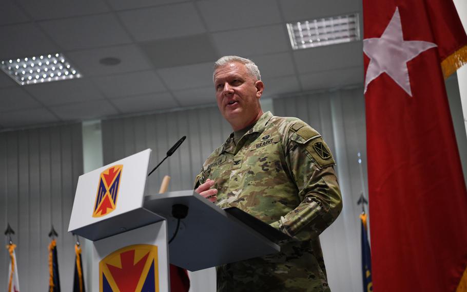 Col. Bruce Bredlow speaks at Germany’s Sembach Kaserne after assuming command of the 52nd Air Defense Artillery Brigade, which was activated Thursday, Oct. 6, 2022. 