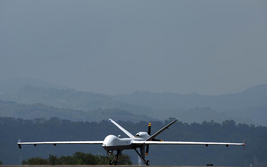 An MQ-9 Reaper returns to the former home of Naval Air Station Cubi Point, Philippines, Sunday, April 23, 2023.