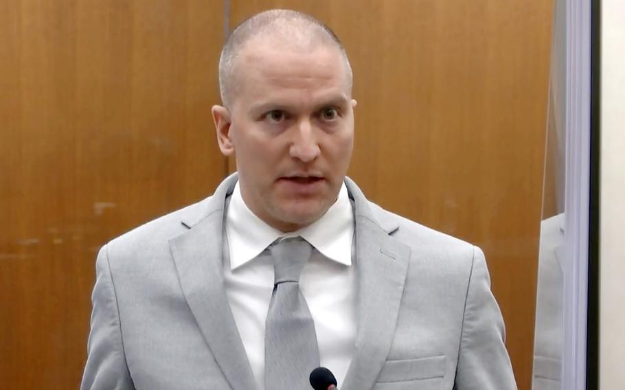 Former Minneapolis police Officer Derek Chauvin addresses the court at the Hennepin County Courthouse on June 25, 2021.