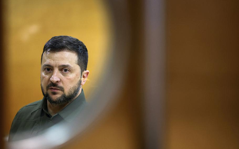 Ukraine's President Volodymyr Zelenskyy looks on before meeting British Prime Minister Rishi Sunak during the European Political Community summit in Granada, Spain, on Thursday Oct. 5, 2023. 