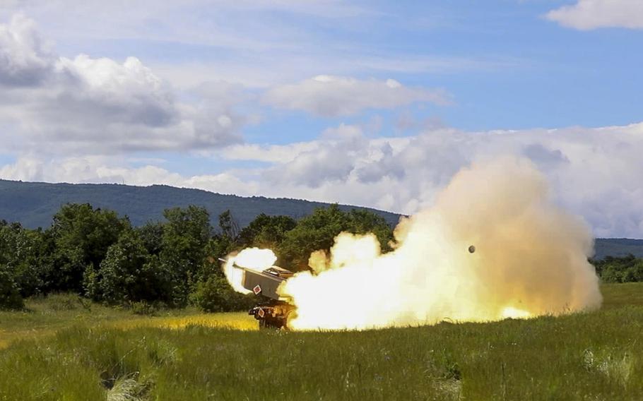 U.S. soldiers assigned to Alpha Battery, 1st Battalion, 77th Field Artillery Regiment, 41st Field Artillery Brigade, fire a rocket during an exercise at Novo Selo, Bulgaria, June 1, 2021. 