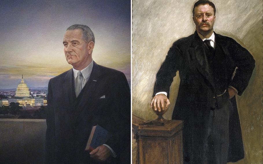 Lyndon B. Johnson portrait by Peter Hurd, left, and Theodore Roosevelt portrait by John Singer Sargent.  
