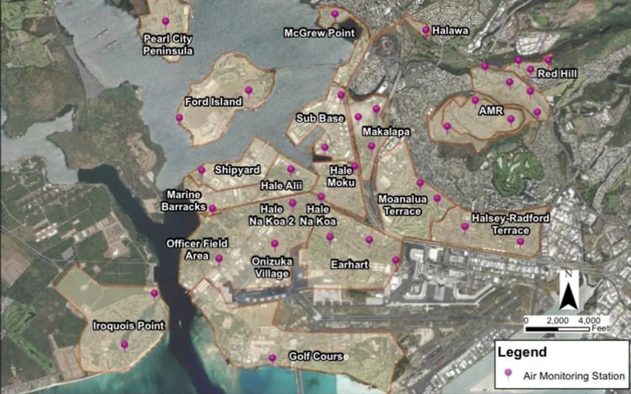 The Navy has placed 40 air-monitoring stations in areas near the Red Hill Bulk Fuel Storage Facility in Honolulu, in preparation for the site’s final defueling that begins Monday, Oct. 16, 2023.