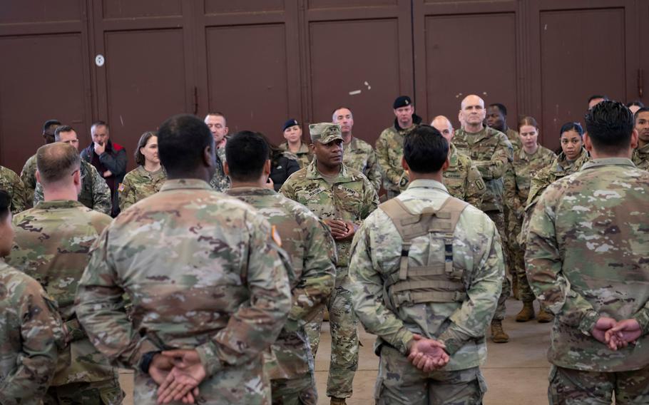 Maj. Gen. Ronald Ragin, head of the 21st Theater Sustainment Command, speaks to soldiers at Baumholder Army Airfield, Germany, on May 17, 2024. Ragin told the soldiers, who were participating in a hospital exercise, that lessons could be learned from the war in Ukraine.