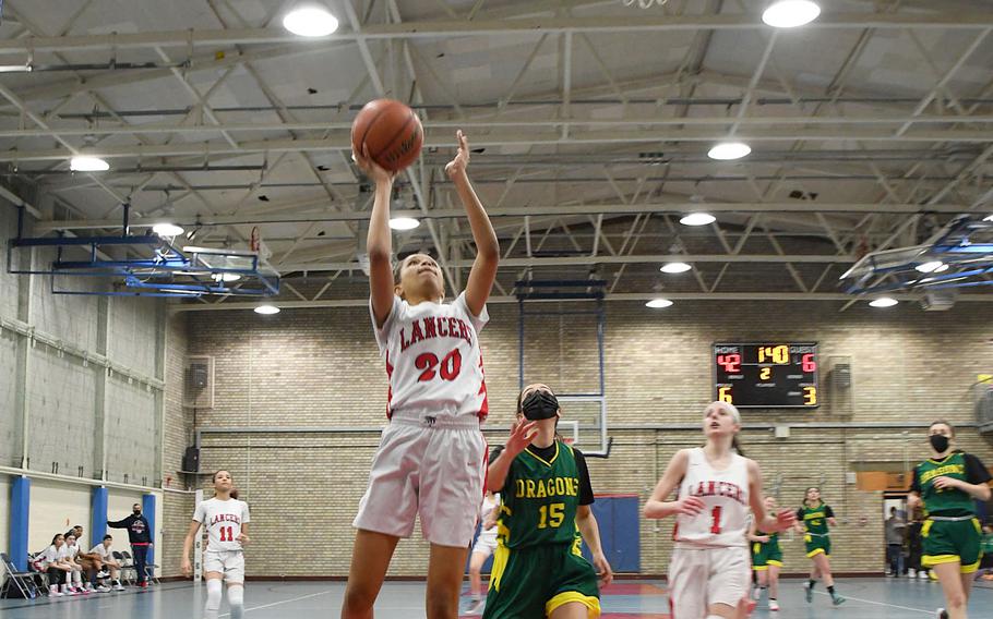 Lakenheath's A’Lydia McNeal lays it up during a basketball game with Alconbury on Tuesday, Jan. 18, 2022. 