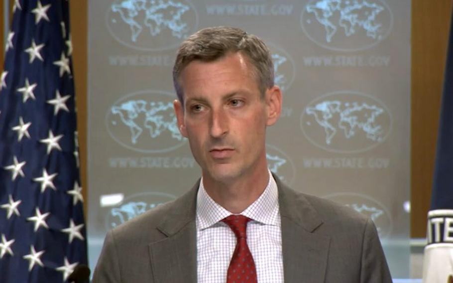 U.S. State Department spokesman Ned Price briefs reporters in Washington, D.C., Aug. 15, 2022. 