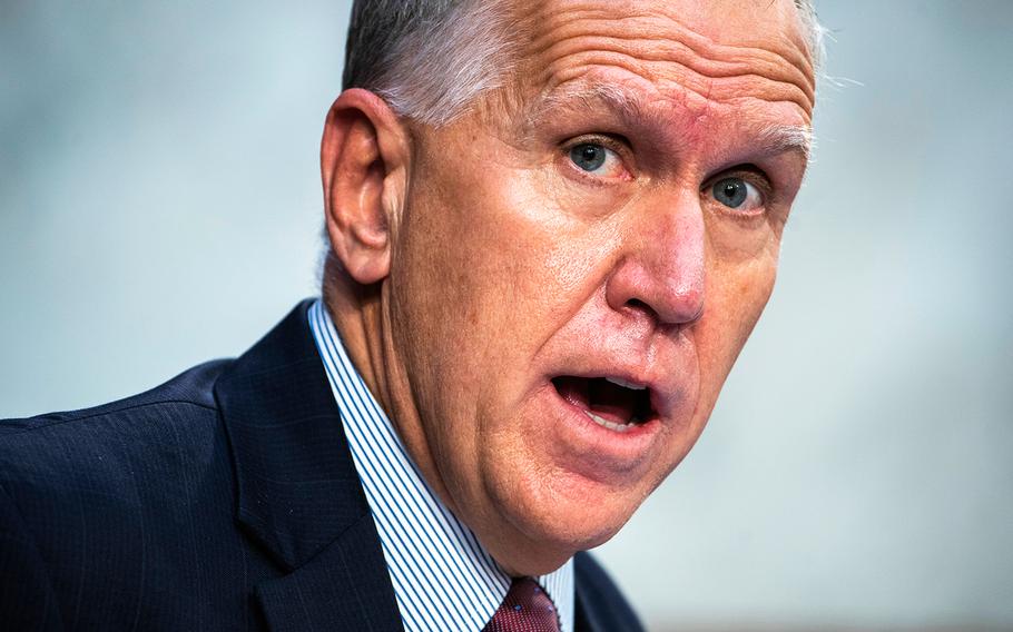 U.S. Sen. Thom Tillis, R-N.C., questions Supreme Court nominee Judge Amy Coney Barrett as she testifies before the Senate Judiciary Committee on the second day of her Supreme Court confirmation hearing on Capitol Hill.