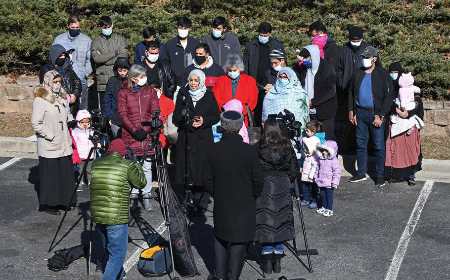 Zainab Chaudry, center, of CAIR Maryland held a news conference Wednesday at a Baltimore-area hotel to point out a lack of support for some Afghan evacuees housed in Baltimore.