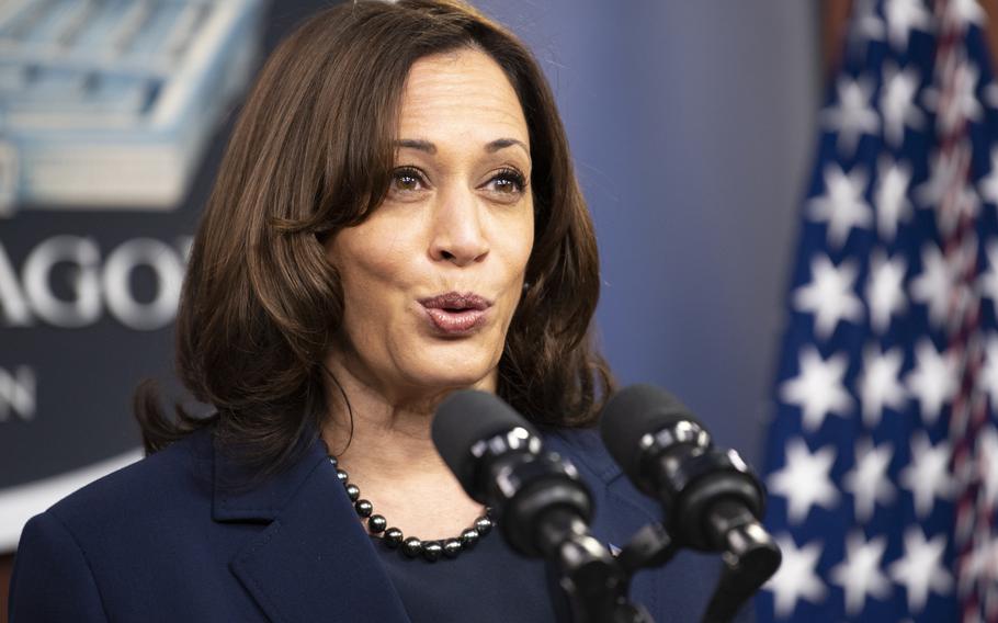 Vice President Kamala Harris delivers remarks to Department of Defense personnel at the Pentagon, Washington, D.C., Feb. 10, 2021. Harris will meet with Mexican President Andrés Manuel López Obrador about migration Tuesday. 