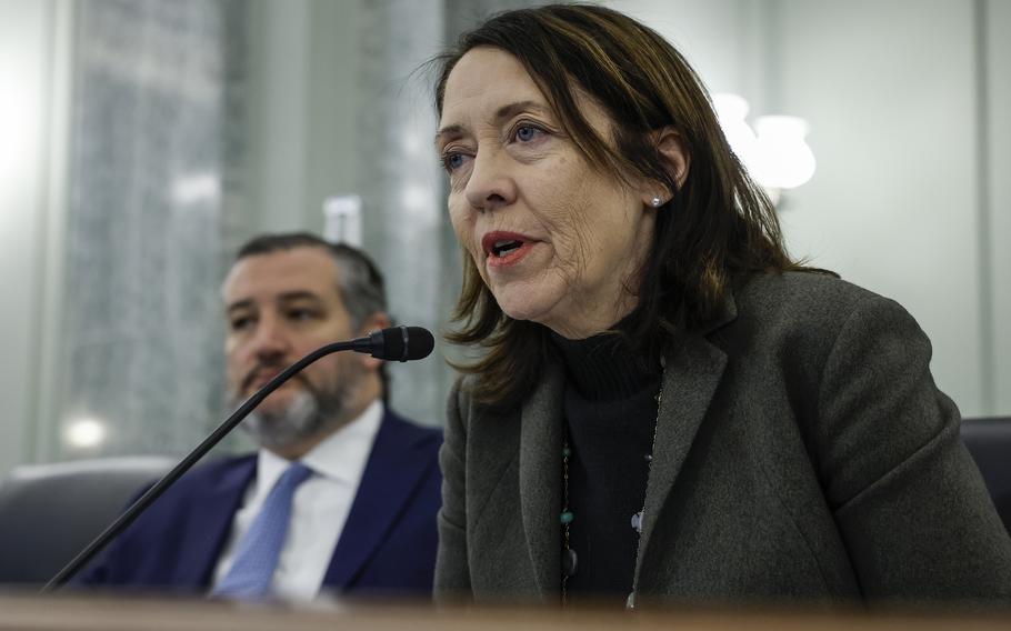 Committee Chairwoman Maria Cantwell (D-WA) speaks during a nomination hearing with the Senate Commerce, Science and Transportation Committee on Capitol Hill on March 01, 2023 in Washington, D.C. Cantwell said a uranium ban bill is unlikely to be attached to legislation needed to reauthorize the Federal Aviation Administration.