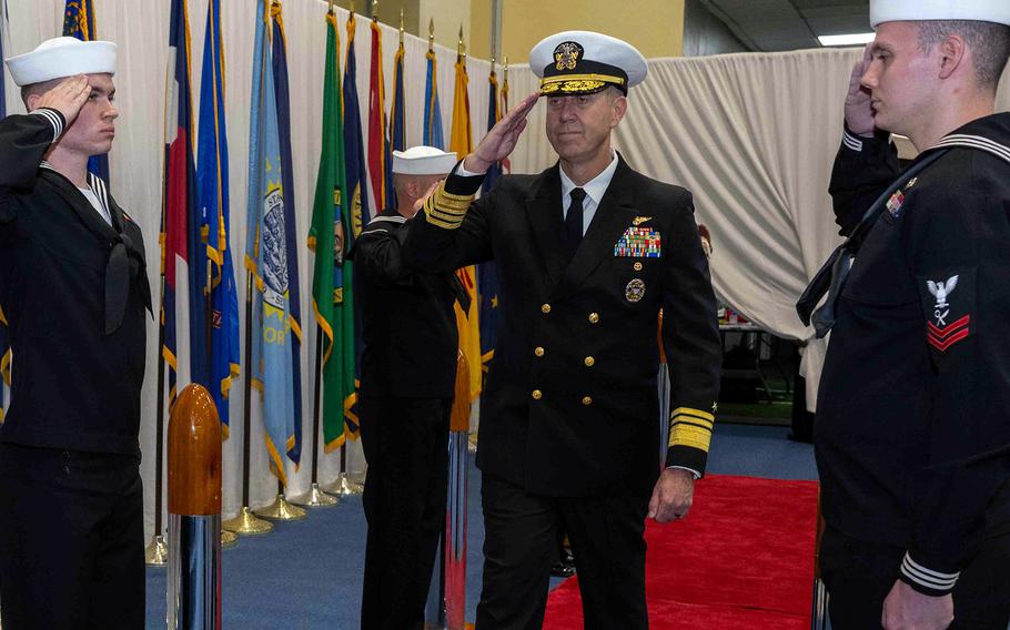 Vice Adm. George Wikoff, commander of U.S. Naval Forces Central Command and U.S. 5th Fleet, says a U.S.-led coalition is succeeding in defending commercial shipping against Iranian-backed Houthi militant attacks in the Red Sea. Wikoff, center, assumed command last month at Naval Support Activity Bahrain and since has been in regular communication with maritime industry leaders assuring them of U.S. commitment. 