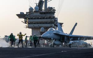 250401-N-SN530-1046 U.S. CENTRAL COMMAND AREA OF RESPONSIBILITY (April 1, 2025) An F/A-18E Super Hornet, attached to Strike Fighter Squadron (VFA) 81, prepares for launch on the flight deck of the Nimitz-class aircraft carrier USS Harry S. Truman (CVN 75) during flight operations in the U.S. Central Command area of responsibility. (Official U.S. Navy photo)