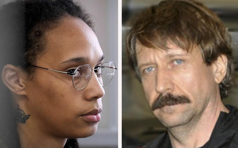 U.S. basketball star Brittney Griner, left and convicted Russian arms dealer Viktor Bout.