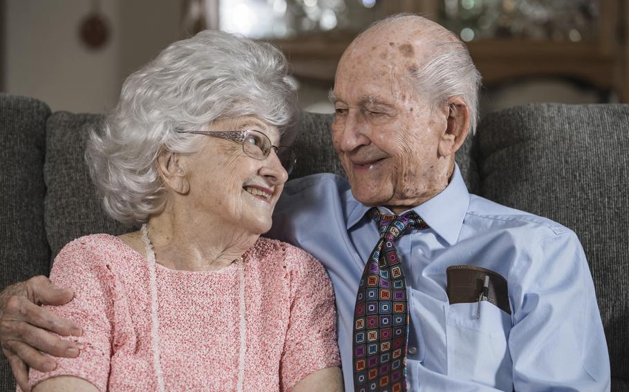 Thomas and Dee House sit together at their home in Las Cruces, N.M., on Aug. 26, 2021. A chance meeting on July 18, 1946 and three weeks together — that was the beginning of Thomas and Dee House’s 75-year marriage.