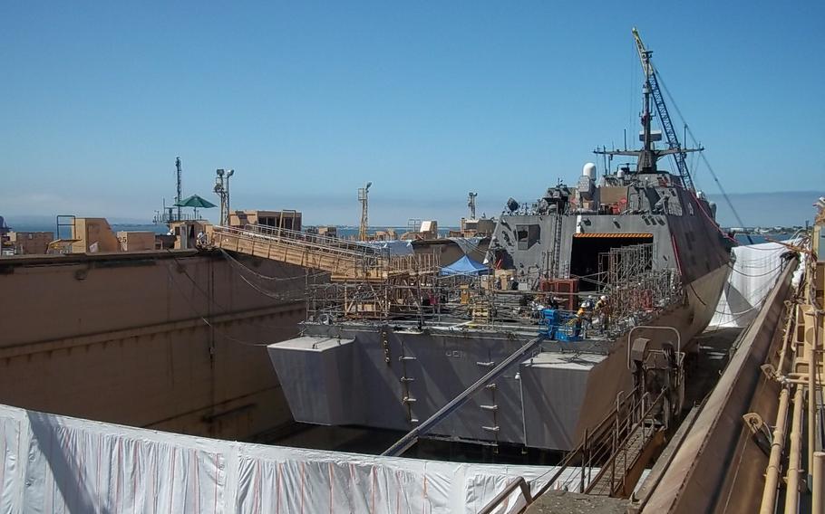 The littoral combat ship USS Freedom undergoes $1.8 million in maintenance while in dry dock at BAE Systems San Diego Ship Repair. 