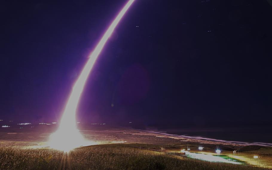 An unarmed Minuteman III intercontinental ballistic missile equipped with a test reentry vehicle is launched Feb. 9, 2023, from Vandenberg Space Force Base, Calif.