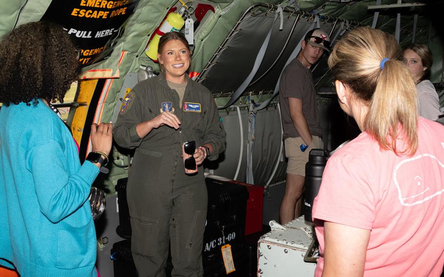 A member of an air refueling squadron briefs attendees on the operation of their aircraft during the Beyond the Horizon Air and Space Show at Maxwell Air Force Base, Ala., Saturday, April 6, 2024.
