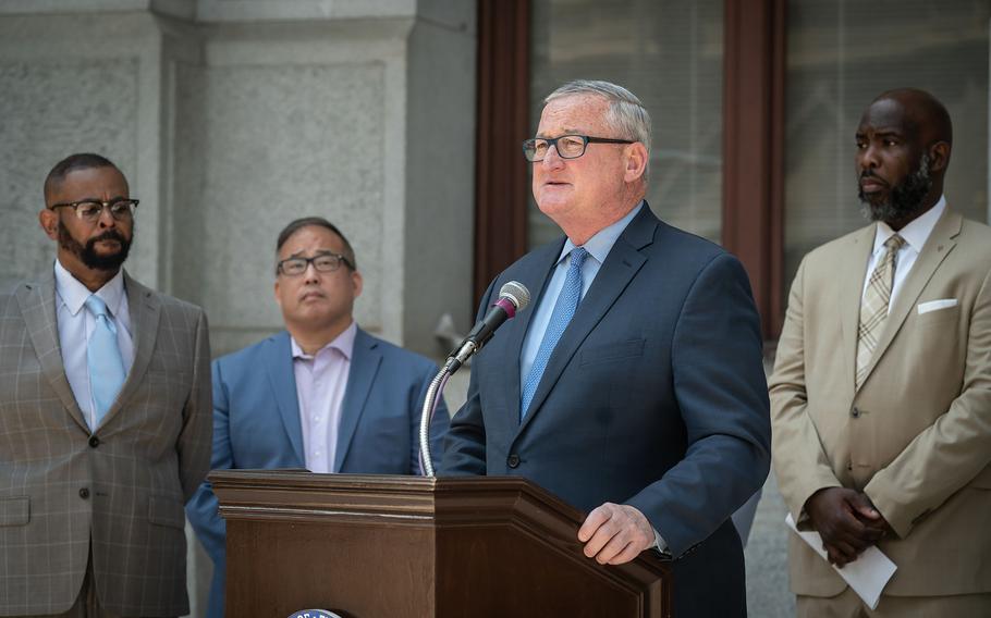Philadelphia Mayor Jim Kenney speaks during a briefing to discuss the anti-violence funding on July 28, 2021. City Councilman Darrell Clarke’s suggestion in July 2022 to revisit the stop-and-frisk policing practice — in which officers stop and sometimes search pedestrians or drivers over suspicious behavior — drew a chilly reception from Kenney.