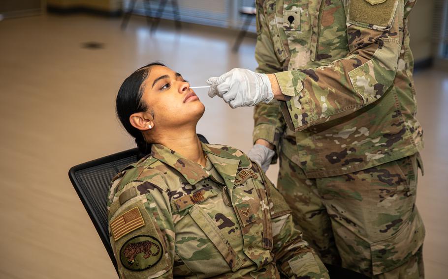 New Jersey Air National Guard Airman 1st Class Isabella Nair receives a rapid COVID-19 test at National Guard Training Center in Sea Girt, N.J., March 15, 2021.