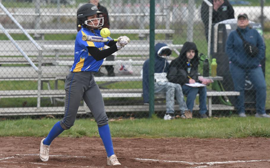 Wiesbaden junior Lyann Cortes-Espanol connects with the ball during the season opener against Kaiserslautern on March 16, 2024, in Wiesbaden, Germany.