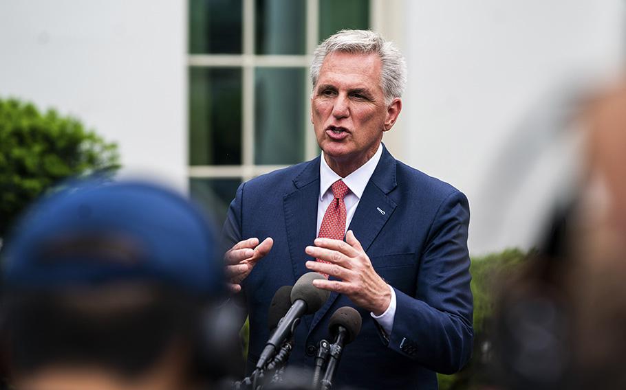 House Speaker Kevin McCarthy, R-Calif., talks to reporters after a White House meeting about the debt ceiling earlier this week. 