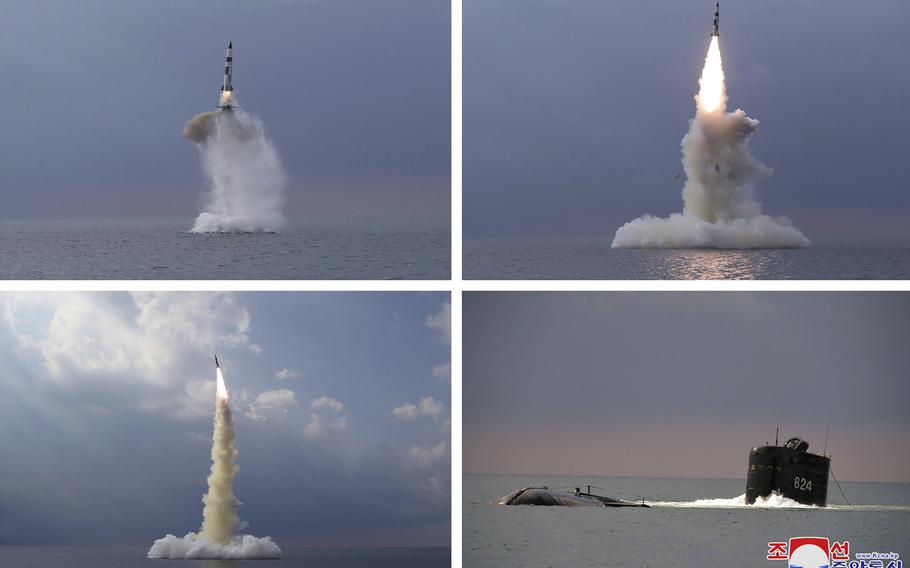 This combination of four photos provided by the North Korean government shows a ballistic missile launched from a submarine Tuesday, Oct. 19, 2021, in North Korea. North Korea announced Wednesday, Oct. 20, 2021 that it had tested a newly developed missile designed to be launched from a submarine, the first such weapons test in two years and one it says will bolster its military’s underwater operational capability. Independent journalists were not given access to cover the event depicted in this image distributed by the North Korean government. The content of this image is as provided and cannot be independently verified. Korean language watermark on image as provided by source reads: “KCNA” which is the abbreviation for Korean Central News Agency. 