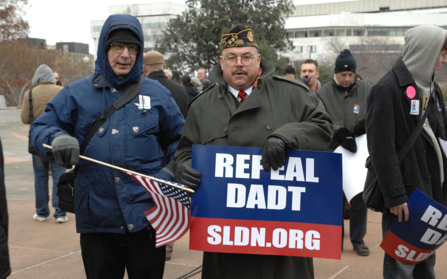 Advocates of the repeal of the military's ''don't ask, don't tell'' policy gather outside the U.S. Capitol Dec. 10, 2010, a day after the repeal effort died in the Senate.