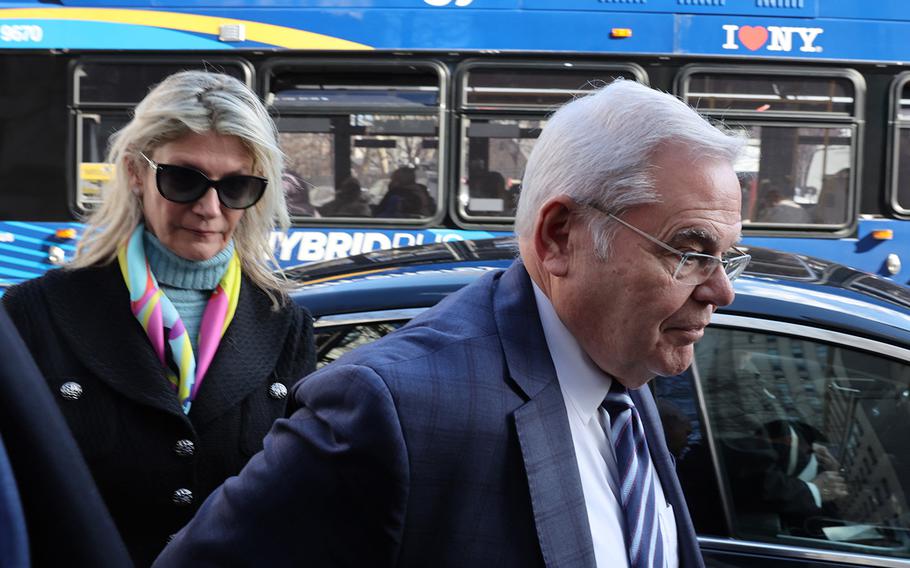U.S. Sen. Bob Menendez, D-N.J., and his wife, Nadine, arrive at a Manhattan court on March 11, 2024, for an arraignment in the federal bribery case against them.