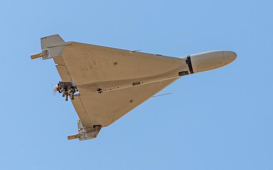An Iranian-made Shahed-136 “Kamikaze” drone flies over Kermanshah, Iran, on March 7, 2024.