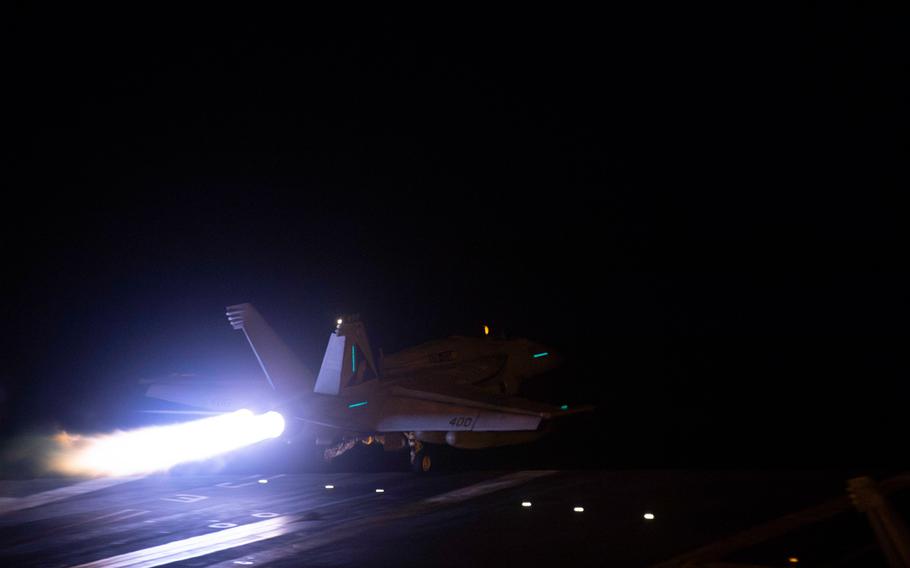 An aircraft takes off to join the U.S.-led coalition to conduct airstrikes against military targets in Yemen.