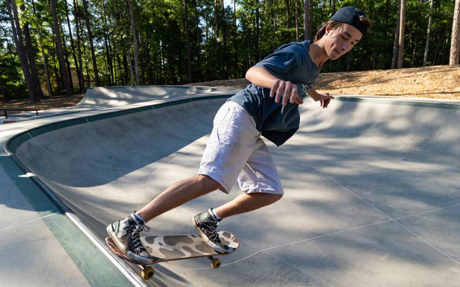 A man skateboards at an Irmo, S.C., skate park. 