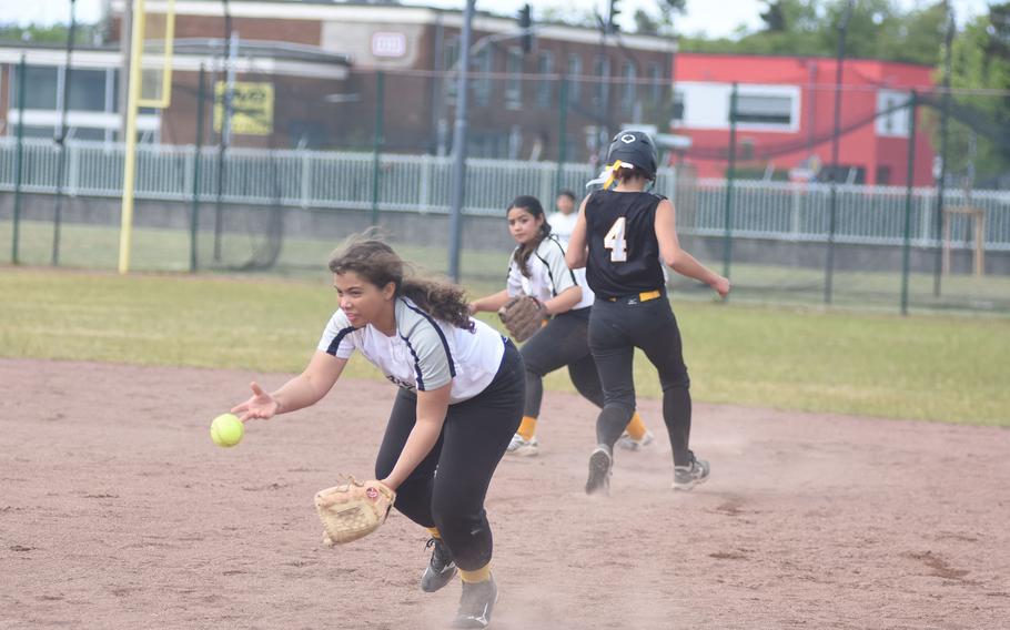 Alconbury second baseman Anna Alejandro Diez tosses the ball to first Friday, May 23, 2025, at the DODEA-Europe Division II/III softball championships at Kaiserslautern, Germany.